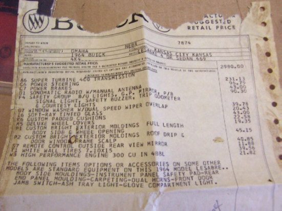 1964 LeSabre window sticker on 1964buick.com