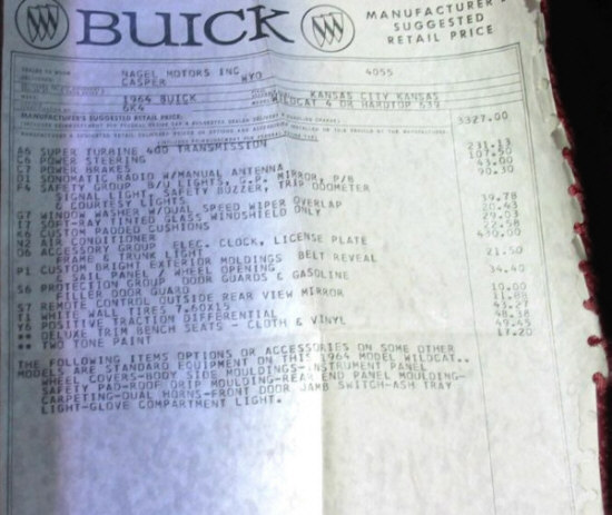 1964 Buick Wildcat window sticker on 1964buick.com